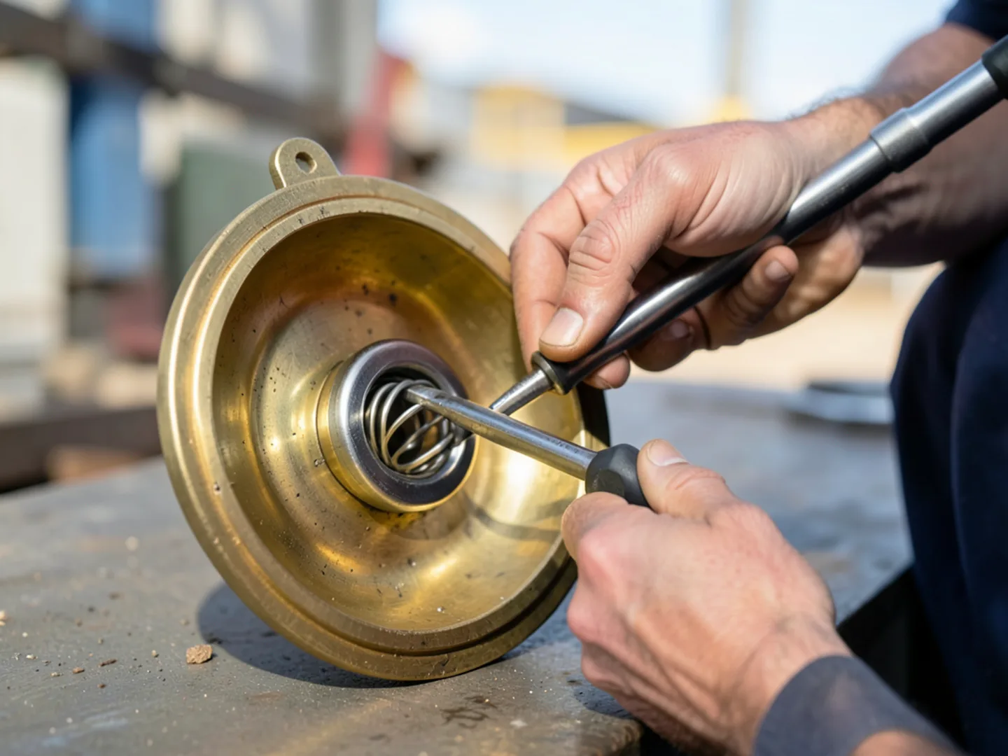 Technician servicing brass check valve spring - Plumbing Services Upland CA