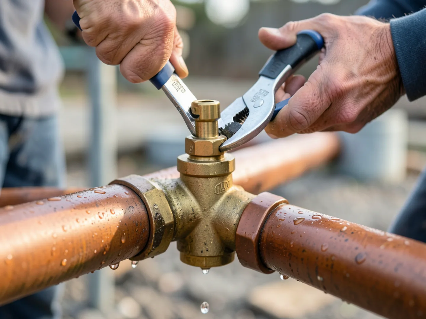 Plumber tightening brass isolation valve - Plumbing Services Upland CA