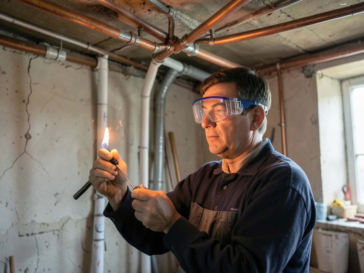 Soldering copper repipe lines in basement - Plumbing Services Upland CA