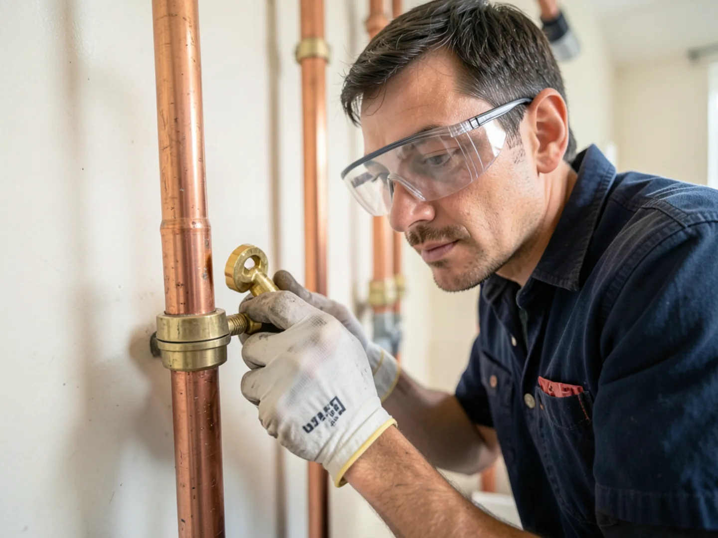 Plumbing technician inspecting copper pipes in Upland CA home