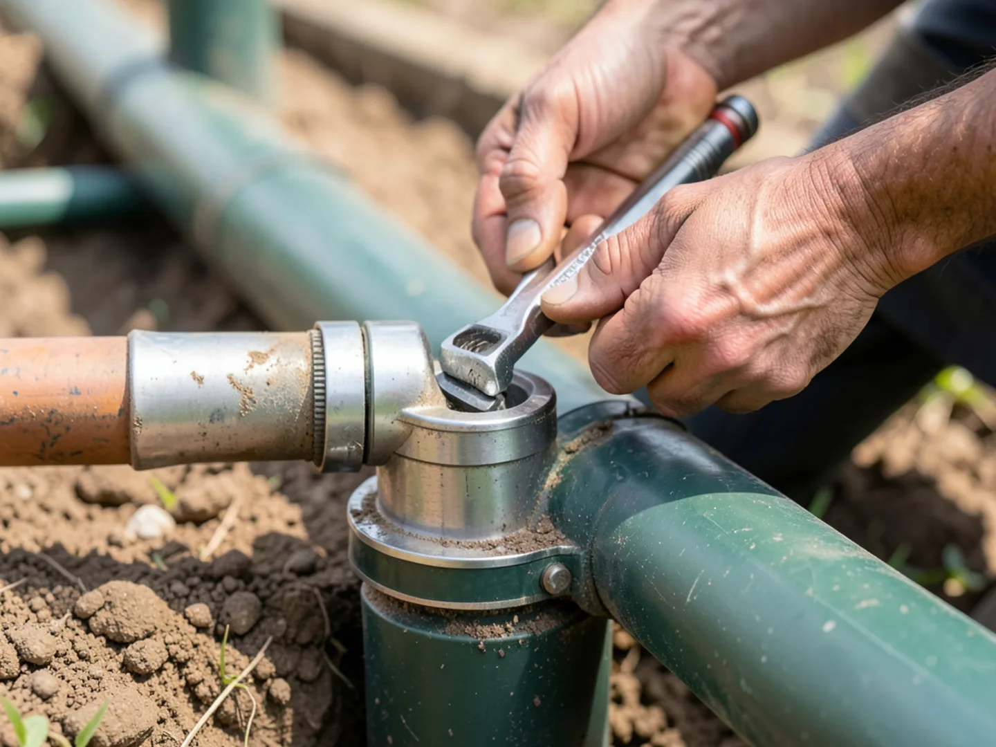 Technician tightening heavy duty pipe coupling - Plumbing Services Upland CA
